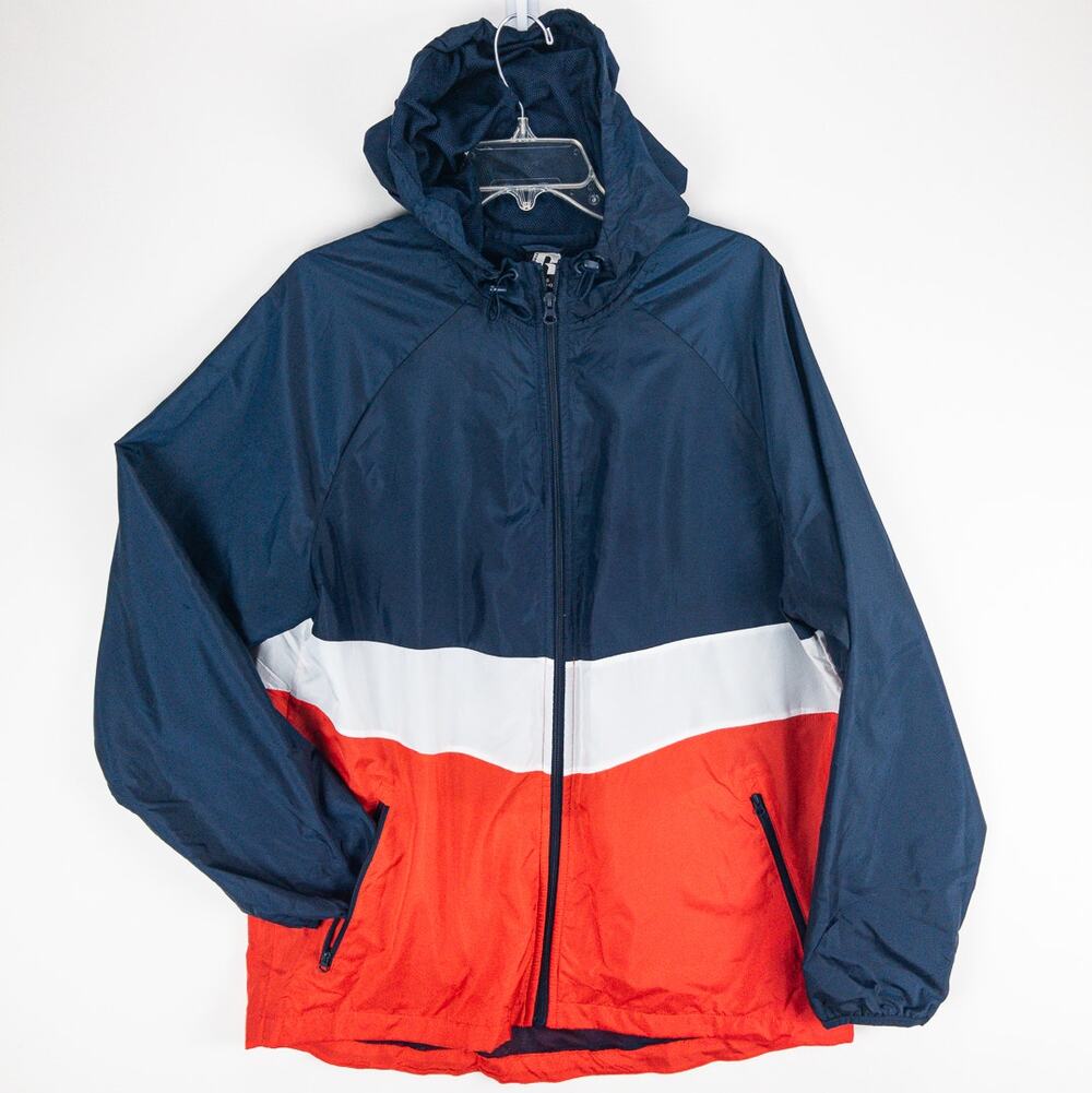 Men's Large Color Block Hooded Windbreaker Jacket Blue White Orange Russell